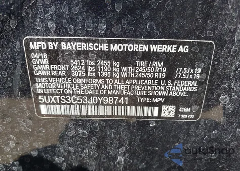 2018 BMW X3 M40I from USA, damaged, VIN 5UXTS3C53J0Y98741